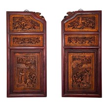 Pair Antique Chinese Carved Hardwood Architectural Panels Figural Relief 33