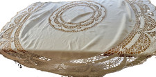 Antique Round Linen Tablecloth with Extensive Bobbin Lace B556 picture