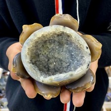490G Natural Agate Geode Carved Lotus Flower, Hand Carved Healing Crystal Home picture