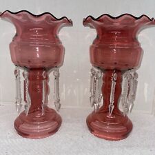 Vintage  Pair Cranberry Mantle Lusters Prisms Perfect Condition picture