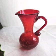 Ruby Red Crackle Glass Pitcher Pilgrim Hand Blown Vintage  picture