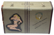 40s Vintage Pinup Painting, Blonde Bikini Girl on WWII Soldiers Suitcase, Signed picture