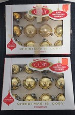 Vintage Coby Gold Glass Christmas Ornaments 24 Pc 2 Boxes USA Mid Century picture