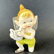 Vintage 1957 Ceramic Hand Painted Pixie Elf Figurine Lyre Harp Gold Hat picture