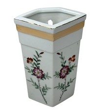Porcelain Floral Wall Pocket Vase Pentagonal White Gold Trim Flat Back picture