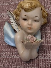 Vtg Norcrest China Porcelain Bisque Cherub Angel Wall Hanging Blue Ceramic A picture