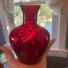 Vintage Handblown Optic Glass Amberina Red Vase Smooth Pontil picture