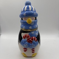 Vintage MSRF, Inc Ceramic Penguin Christmas Hinged Trinket Box 8Hx3L picture
