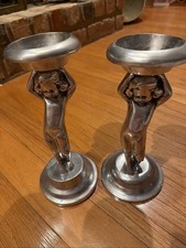 Vintage Sand Chrome Plated White Metal Art Deco Pillar Candle Holders Pair picture