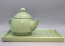 Sage Green Ceramic Teapot & Serving Tray Botanical Leaf Cottagecore 2 Pc Set picture