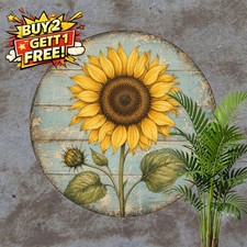 Rustic Blue Wood Sunflower Botanical Art Round Metal Tin Sign 8x8 picture