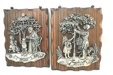 Vtg Wood Cast Metal German Plaques Mother Child Father Child  8
