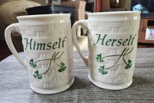 2 Beleek Basketweave Shamrock Himself Herself Mugs Shamrock Porcelain Ireland picture