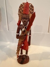 Vintage Hand-Carved Beaded Maasai Warrior African Folk Art Sculpture - 9 Inch picture