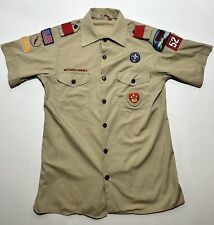 Vintage Boy Scouts of America Button Up Shirt With Patches Tan Mens Size Small S picture