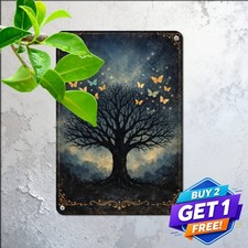 Enchanting Butterfly Tree Night Sky Sign Vintage Celestial Metal Tin Plaque picture