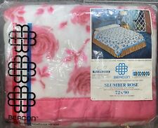 Vintage Beacon “Slumber Rose” White Pink Satin Trim Blanket Twin Full 72x90 USA picture