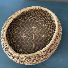 Antique Native American Handwoven Basket Bowl Cross Pattern Asymmetrical Oval picture