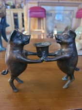 Vintage Whimsical Pair Of Brass Or Bronze Pigs Candle Holder Statue Figurine picture