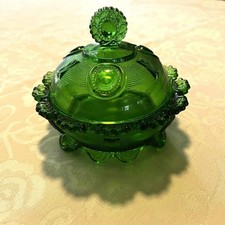 EAPG Indianiana Greentowm Glass Dewey Flower Flange Dark Green Covered Dish picture