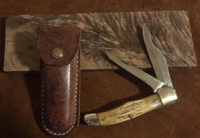 Vintage Stag Kabar Ka Bar Folding  Hunter 2 Blade Knife With Leather Sheath  picture