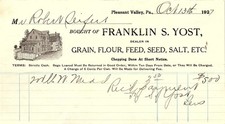 1927 Franklin S. Yost Pleasant Valley PA Grain Mill Billhead picture