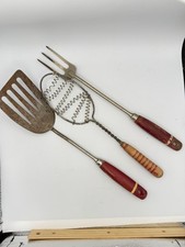 Vtg 1940s 50s Red Wood Handle Kitchen Utensils Lot Spatula Fork Whisk picture
