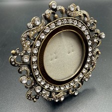 Round Photo Frame Bejeweled Rhinestone Brass Filigree Ornate Picture Frame 3.5” picture