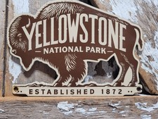 VINTAGE YELLOWSTONE NATIONAL PARK PORCELAIN SIGN RARE OLD BISON BUFFALO HIKE CAM picture