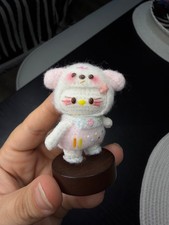 Handmade Micro Crochet Hello Kitty Magnetic Puppy Head Wooden Stand Figure OOAK picture