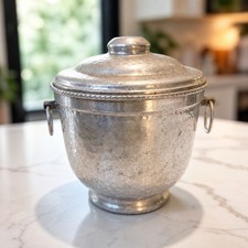 Vintage Hammered Aluminum Ice Bucket with Lid and Handles Mid Century Modern picture