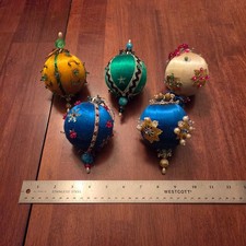 Vintage Beaded Satin Ball Christmas Ornaments Lot 5 Handcrafted Sequins Pearls picture