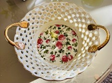 Gold Handled Delicate Porcelain Basket. Unique Rose Patterns. Open Basket Weave picture
