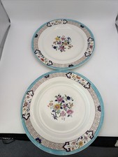 Cauldon England Floral 10” Dinner Plates 2482 Turquoise Border Vintage Set of 2 picture
