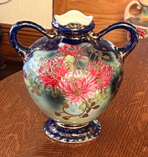 Antique Nippon Vase Cobalt Blue Chrysanthemum Gold Moriage Twin Handled Meiji picture