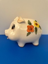 Floral Vintage Antique Ceramic Blush Cute Piggy Bank 10” in length picture