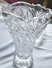 Vintage Clear Pressed Glass Pedestal Vase Bowl Floral Leaf Pattern Scalloped Rim picture