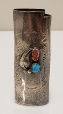 Vintage Navajo Signed PB Sterling Silver Turquoise Coral Lighter Case Holder picture