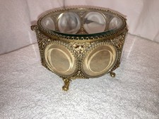 Vintage 24K Gold Plated Jewelry/Trinket Box ,8 Clear Glass Beveled Circles picture