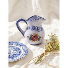Vtg Vestal Alcobaca Portugal Hand Painted Cream Pitcher Floral Blue Pottery Vase picture
