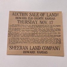 Sheeran Land Company Auction Sale Howard KS 1910 Nebraska Farming Ad SAG9-H5 picture