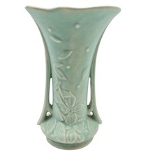 McCoy Pottery 1941 Matte Green Leaves And Flowers Handled Vase Shape picture