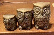 Vintage Solid Brass Owl Figurine Paperweight Set of 3 Mid Century Modern MCM picture