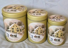 Vintage Currier & Ives 3 Pc Nesting Tin Canister Set Winter Scene Kitchen NOS picture