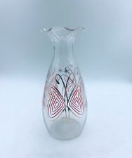 Vintage 6.75” MCM Hand Blown Glass Ruffle Top Bud Vase Butterfly Design picture