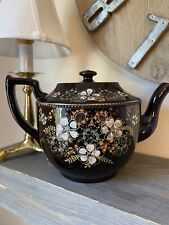 VTG English Tea Pot, Price Bros Hand Painted Gold Trim Dark Brown Folk Art picture