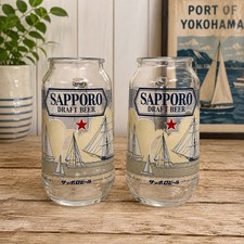 Sapporo Draft Beer Can Glass Mugs Set of 2 Nautical Tall Ships Japan 20oz picture