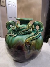 VTG. ASIAN BROWN & TURQUOISE GREEN DRIP GLAZE WRAPPED DRAGON VASE LH picture