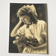 Vintage Sepia Studio Photograph Adorable Girl Teen Looking A Flower Bouquet picture