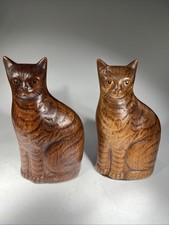 Vintage Chalkware Sitting Cat Figurine Brown with Yellow Eyes Set Of 2 8.5” picture